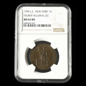 1794 Talbot, Allum & Lee Lettered Edge Cent, "New York," NGC MS62 BN