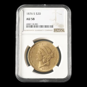 1876-S Liberty Head $20 Gold Double Eagle, NGC AU58