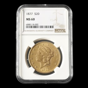 1877 Liberty Head $20 Gold Double Eagle, NGC MS 60