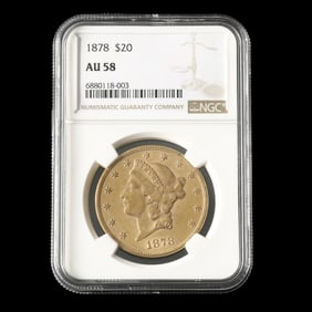 1878 Liberty Head $20 Gold Double Eagle, NGC AU58