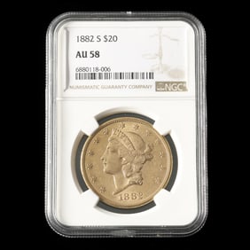 1882-S Liberty Head $20 Gold Double Eagle, NGC AU58