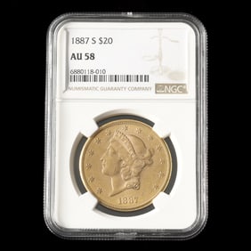 1887-S Liberty Head $20 Gold Double Eagle, NGC AU58