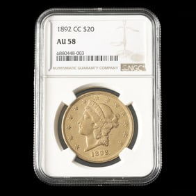 1892-CC Liberty Head $20 Gold Double Eagle, NGC AU58