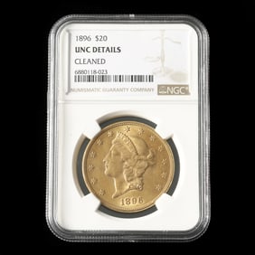 1896 Liberty Head $20 Gold Double Eagle, NGC UNC Details, Cleaned