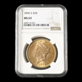 1896-S Liberty Head $20 Gold Double Eagle, NGC MS63