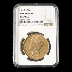 1899-S Liberty Head $20 Gold Double Eagle, NGC UNC DETAILS, Cleaned