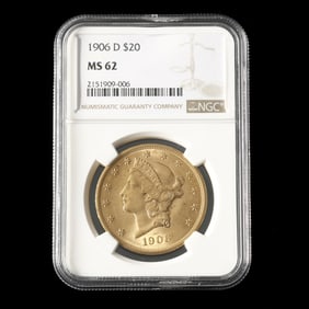 1906-D Liberty Head $20 Gold Double Eagle, NGC MS62