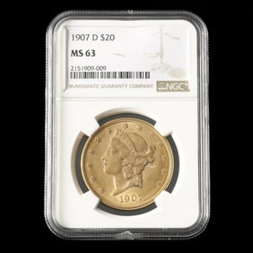1907-D Liberty Head $20 Gold Double Eagle, NGC MS63