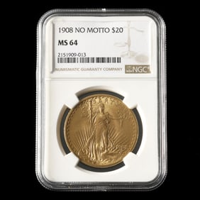 1908 St. Gaudens $20 "No Motto" Gold Double Eagle, NGC MS64