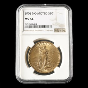 1908 St. Gaudens $20 "No Motto" Gold Double Eagle, NGC MS64