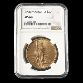 1908 St. Gaudens $20 "No Motto" Gold Double Eagle, NGC MS64