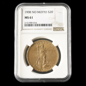 1908 St. Gaudens $20 "No Motto" Gold Double Eagle, NGC MS61