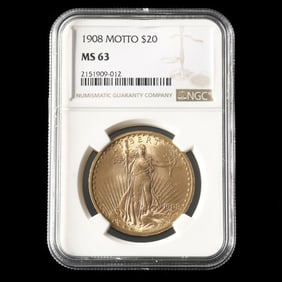 1908 St. Gaudens $20 Gold Double Eagle with Motto, NGC MS63
