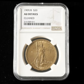 1909/8 St. Gaudens $20 Gold Double Eagle, NGC AU DETAILS, Cleaned