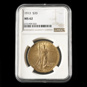 1913 St. Gaudens $20 Gold Double Eagle, NGC MS62