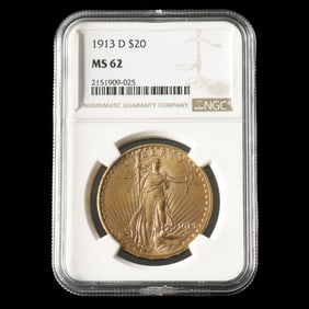 1913-D St. Gaudens $20 Gold Double Eagle, NGC MS62