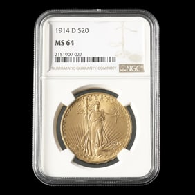 1914-D  St. Gaudens $20 Gold Double Eagle, NGC MS64