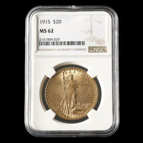 1915 St. Gaudens $20 Gold Double Eagle, NGC MS62