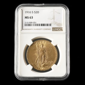 1916-S St. Gaudens $20 Gold Double Eagle, NGC MS63
