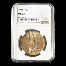 1922 St. Gaudens $20 Gold Double Eagle, NGC MS63