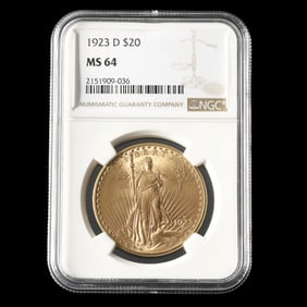 1923-D St. Gaudens $20 Gold Double Eagle, NGC MS64
