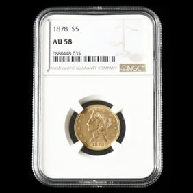 1878 Liberty Head $5 Gold Half Eagle, NGC AU58