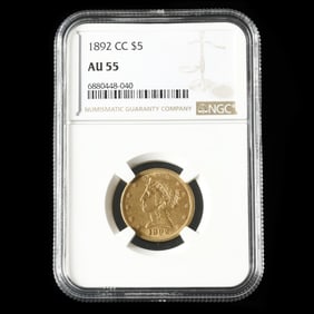 1892-CC Liberty Head $5 Gold Half Eagle, NGC AU55
