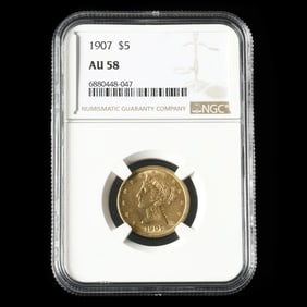 1907 Liberty Head $5 Gold Half Eagle, NGC AU58
