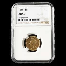 1886 Indian Princess Prooflike $3 Gold, NGC AU58