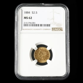Scarce 1884 $2-1/2 Liberty Head Quarter Eagle, NGC MS62