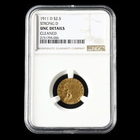 1911-D $2-1/2 Indian Head Quarter Eagle, Strong D, NGC UNC DETAILS CLEANED