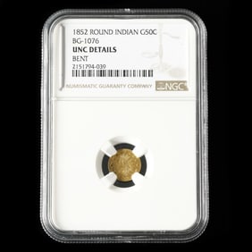 1852 Round Indian Gold 50 Cents Token, NGC UNC DETAILS, BENT
