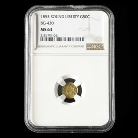 1853 Round Liberty Head 50c Gold Token, NGC MS64