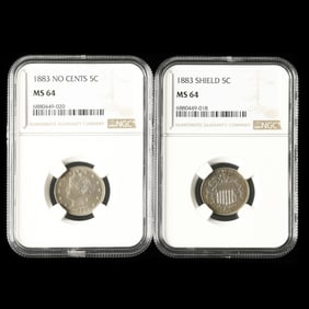 1883 Shield Nickel and 1883 Liberty Head No Cents Nickel, Both NGC MS64