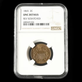 1865 Two-Cent, UNC DETAILS, REV SCRATCHED