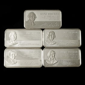 Five 1974 Franklin Mint Sterling Silver Bars, Each 5000 Grains