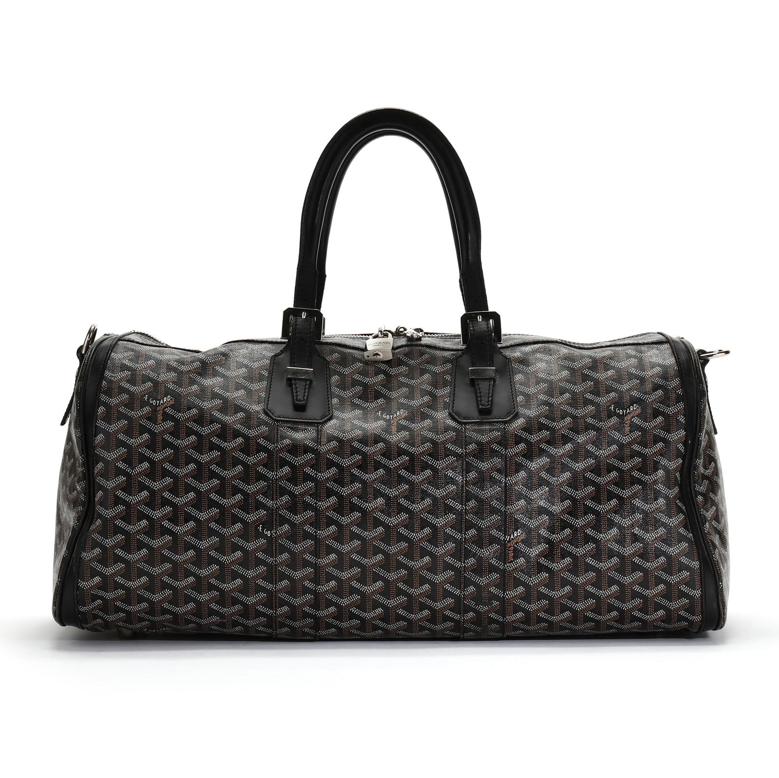 Goyard Croisiere Unisex Travel Bag 50: Goyard Croisiere Unisex Travel Bag 50made in France of black canvas with brown and cream chevron design. The bag features dual black leather handles, (with straps to adjust length), and trim, a top zi