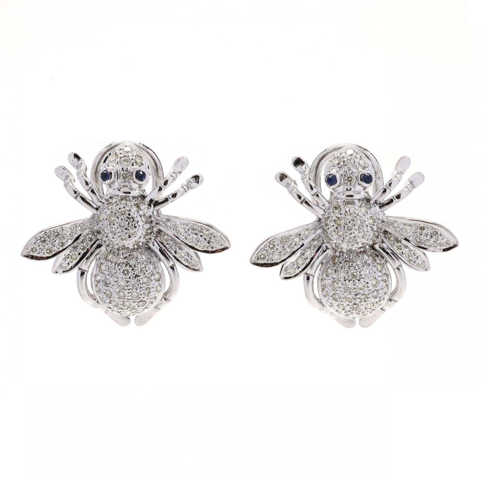White Gold, Diamond, and Sapphire Bee Motif Earrings: White Gold, Diamond, and Sapphire Bee Motif Earringsbumble bees set with full cut round diamonds weighing approximately 1.4 total carats (O-P color, SI1-SI2 clarity) and with round cabochon sapphire e