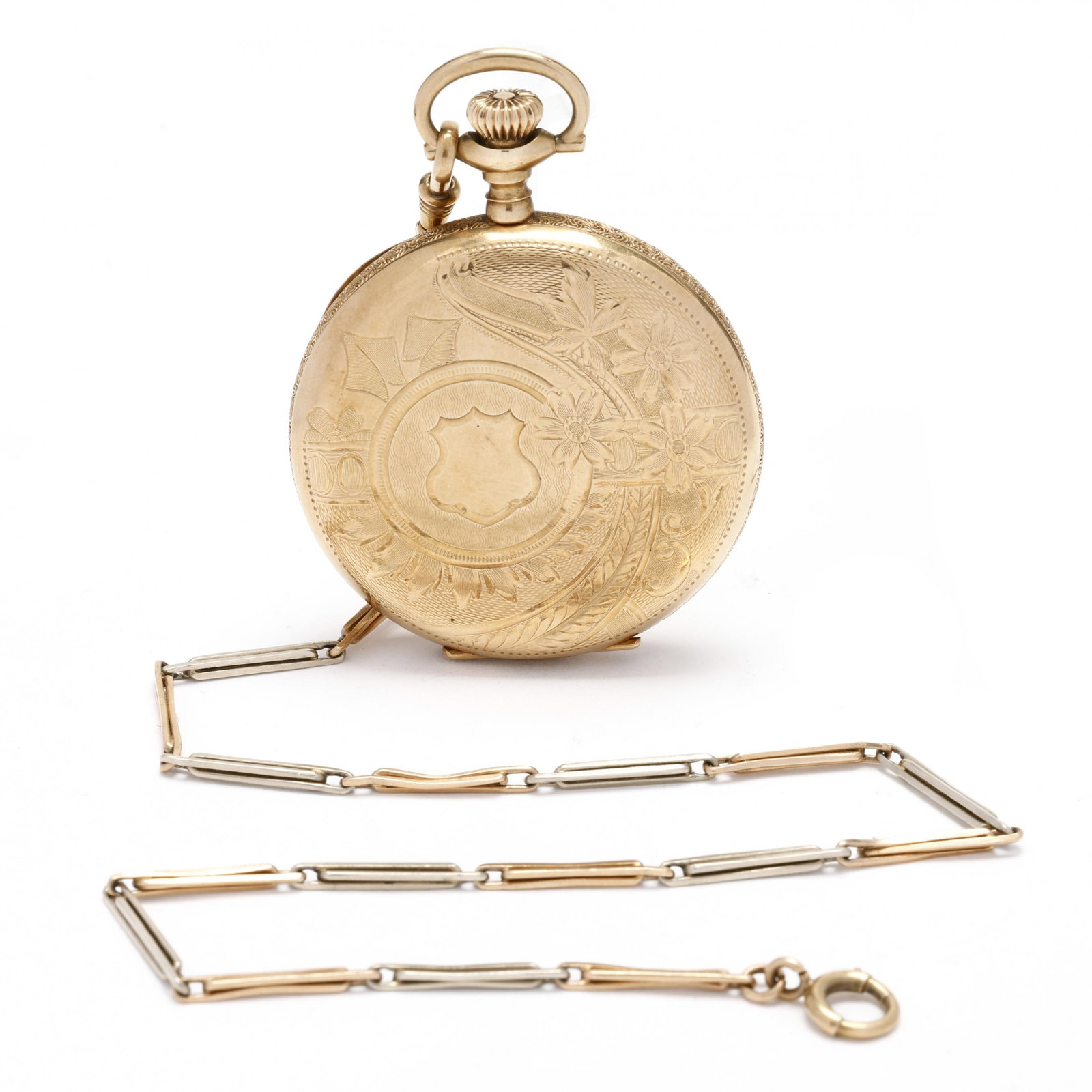 Gold Pocket Watch and Bi-Color Chain, Elgin: Gold Pocket Watch and Bi-Color Chain, Elgin circa 1918, stem wind and set, the bi-color bar chain testing 14k and with 14k stamp to clasp, the round gold case with foliate design and cartouche, the wh