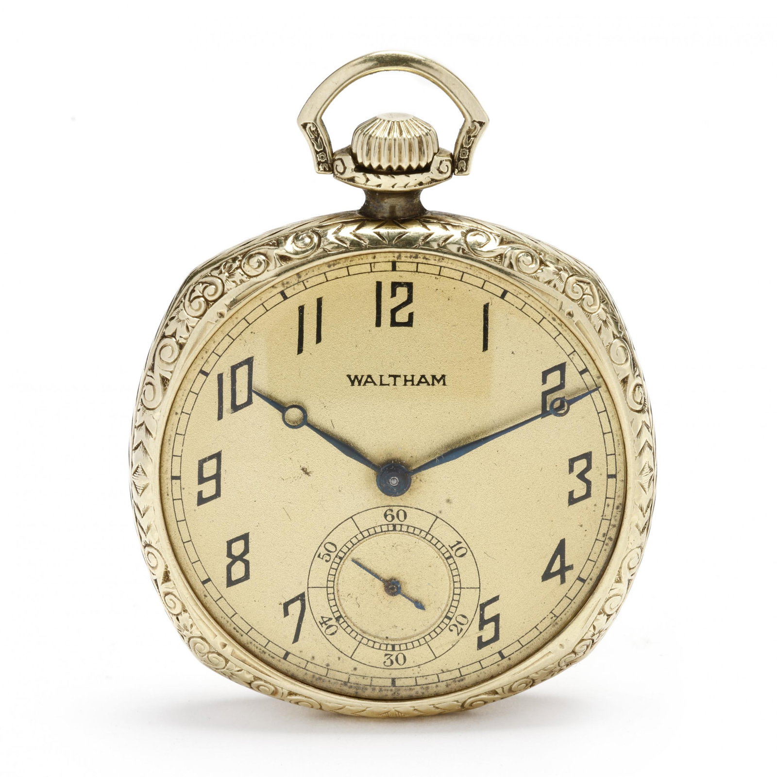 Gold Pocket Watch: Gold Pocket Watch circa 1921, stem wind and set, the gold cushion shaped open face swing-out case featuring scrolled and chevron engraving, the gold dial with black Arabic hour markers and blue Bregue