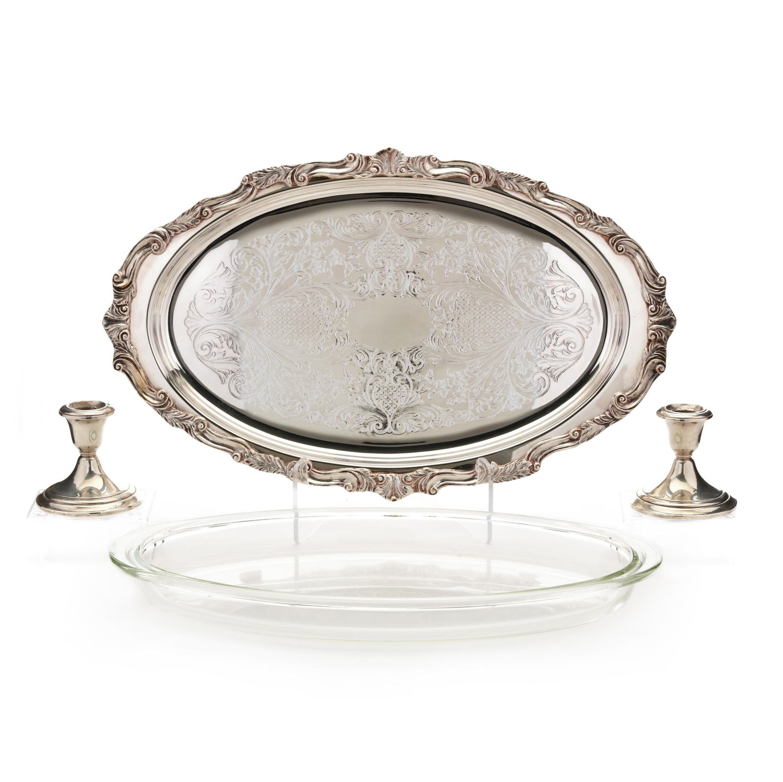 A Silver-Plated Serving Dish and Pair of Sterling Silver Candlesticks (1 of 9)