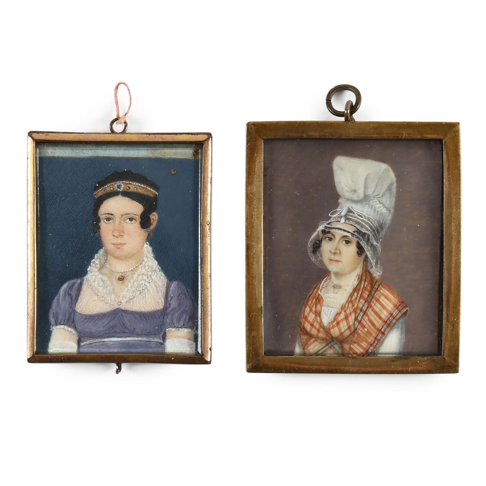 Continental School (19th Century), Two Portrait Miniatures of Women in Fancy Hats (1 of 6)