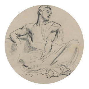 After John Singer Sargent (American, 1856-1925), Study of a Seated Male in Roundel: After John Singer Sargent (American, 1856-1925), Study of a Seated Male in Roundel collotype print on blue grey laid paper, circa 192, printed signature, bearing watermark of Michallet/France,