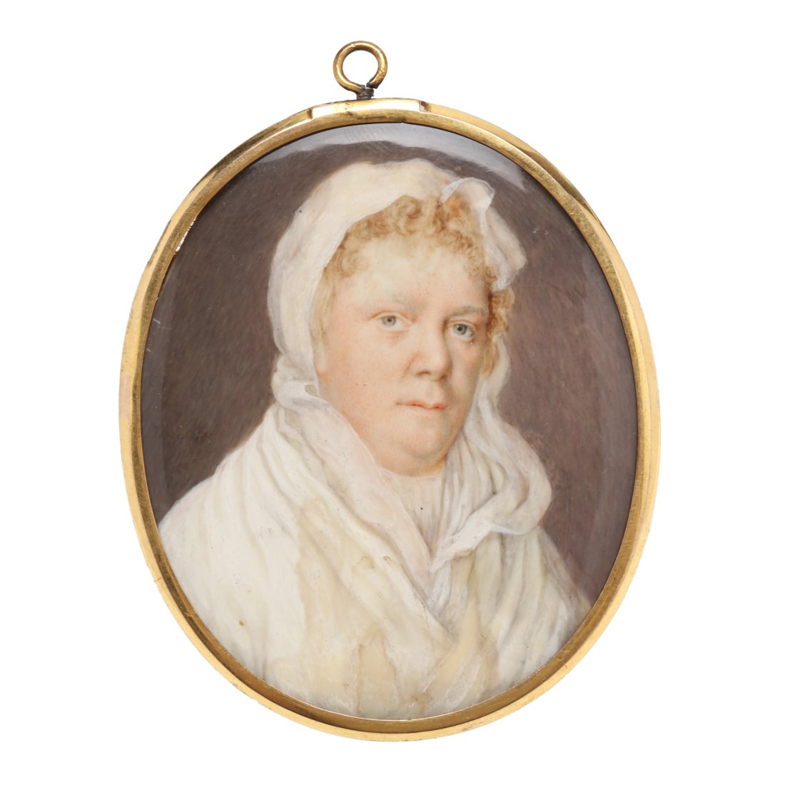 American School (19th Century), Portrait Miniature of a Woman: American School (19th Century), Portrait Miniature of a Woman circa 1820s, watercolor on , unsigned, presented behind glass in a gilt oval bezel locket, the verso with criss-cross layered hairwork, wi