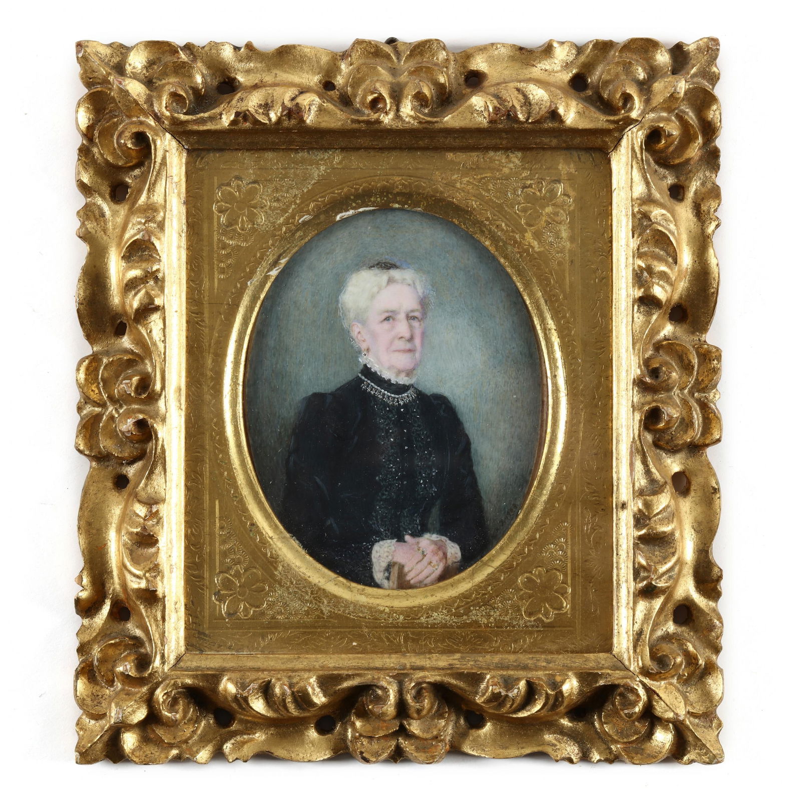 Signed Antique Portrait Miniature of a Dame in Black Dress (1 of 5)
