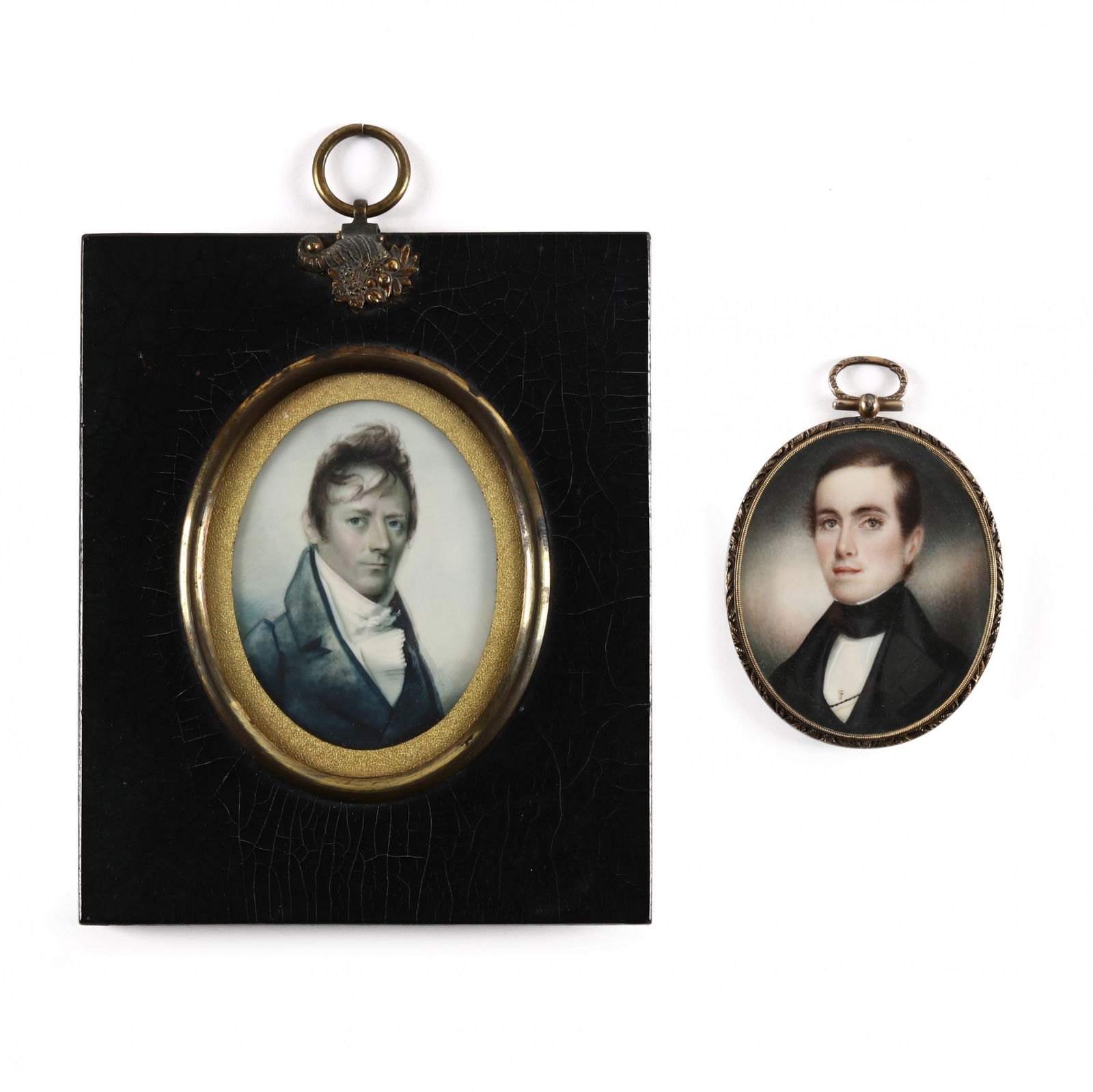 Two Fine 19th Century American School Portrait Miniatures of Gentlemen: Two Fine 19th Century American School Portrait Miniatures of Gentlemenwatercolor on , unsigned, the first circa 1810, attributed to John Wesley Jarvis (1780-1840), depicting a blue-eyed gentleman with