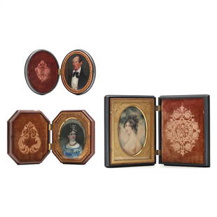 Three Antique Portrait Miniatures in Gutta Percha Cases: Three Antique Portrait Miniatures in Gutta Percha Casesmid-19th century, watercolor on , the first of a dark-haired gentleman, the interior case paper pencil inscribed 15 / Mr. John Gray, presented in