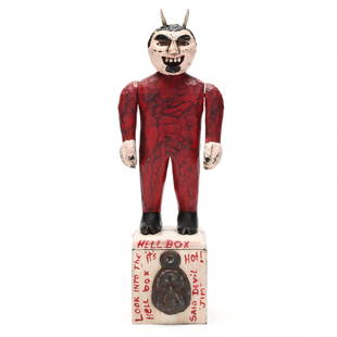 Shane Campbell (TN), Devil Jim's Hell Box: Shane Campbell (TN), Devil Jim's Hell BoxEast Tennessee, circa 2015, carved and polychrome painted wood, lidded base with metal iron mount revealing a "Hell Hole," inscribed S. Campbell to lid edge. 1