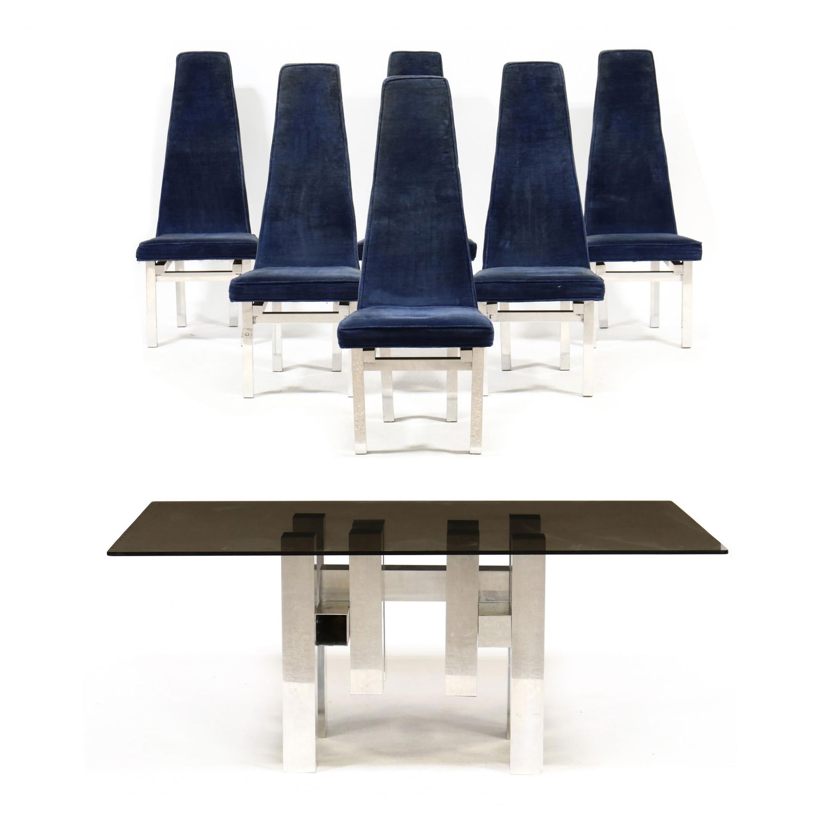 Paul Mayan, Brutalist Dining Table and Six Chairs: Paul Mayan, Brutalist Dining Table and Six Chairs1970s, including a rectangular smoky glass top having a shallow dot imprint pattern to one end with an aluminum pedestal base (29.5 x 72 x 42 in.); and