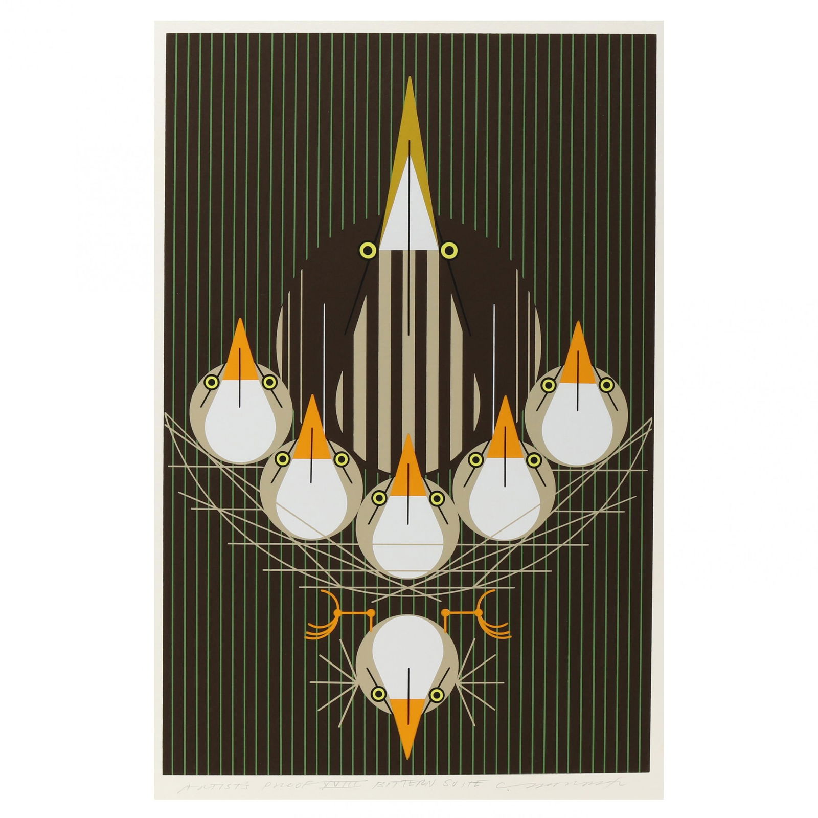 Charley Harper (American, 1922-2007), Bittern Suite: Charley Harper (American, 1922-2007), Bittern Suiteserigraph in colors, 1978, pencil signed, titled and marked as artist's proof and numbered "APXVIII" lower margin, unframed. Sheet size 19 1/2 x 14 1